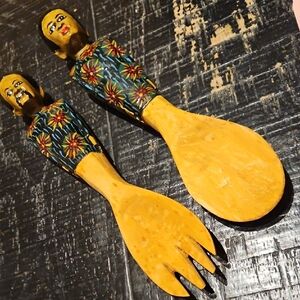 Vintage 2 Pc Man Lady Handcrafted Artistic Wooden Serving Set with Floral Design